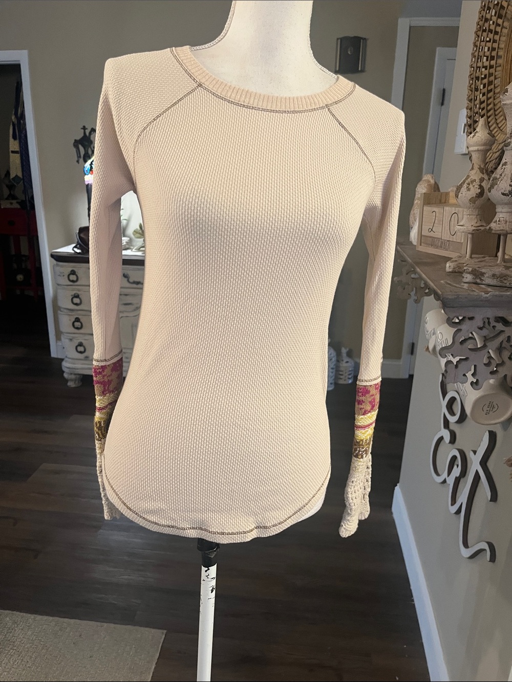 Free People Cream Waffle Knit Long Sleeve Top